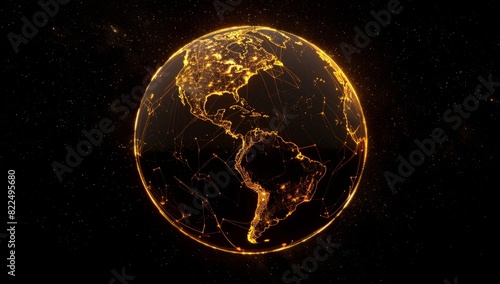 Fototapeta Naklejka Na Ścianę i Meble -  Earth with a golden glowing outline on a black background, planet Earth in space, planet Earth made from yellow and orange dots connected by lines of string Generative AI