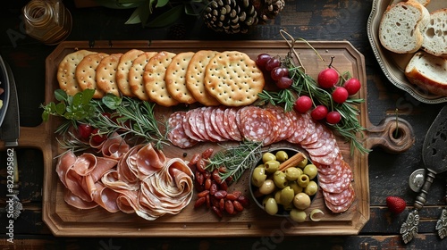 classic entertaining, classically arranged charcuterie board with vintage serving utensils and rustic details, ideal for a timeless get-together photo