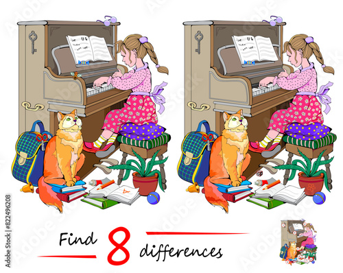 Find 8 differences. Illustration of a little girl playing piano. Logic puzzle game for children and adults. Educational page for kids brain teaser book. Developing to counting skills. Vector drawing.