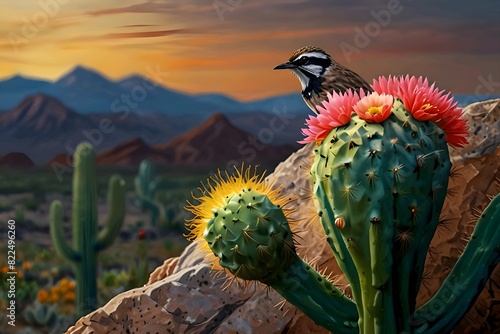 cactus wren bird  on a rock colorful background arizona desert dark sky  artwork painting cactus big flowers abstract  cactus flower photo
