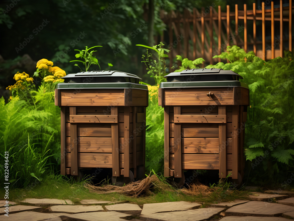Garden waste compost bins with garden waste, outdoors in backyard garden Garden waste compost bins with garden waste, outdoors in backyard garden