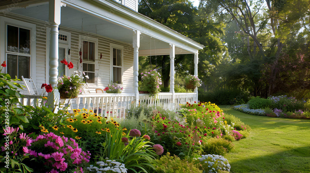 ranch house with covered porch, swing, and flowering plants,cozy house with wrap-around porch and wicker furniture, surrounded by blooming flowers