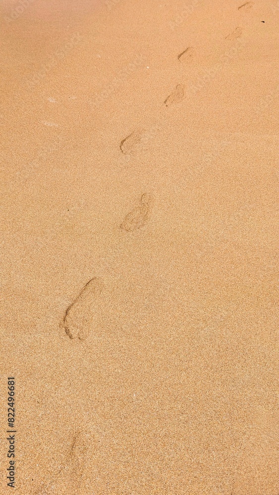 Tranquil beach scene captures footprints in light brown sand vanishing into horizon. Tranquil beach scene captures footprints in light brown sand vanishing into horizon.