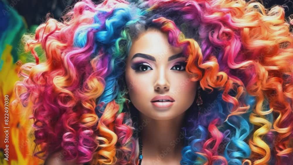 A beautiful woman with vibrant, multi-colored curly hair, radiating style and individuality. A beautiful woman with vibrant, multi-colored curly hair, radiating style and individuality.