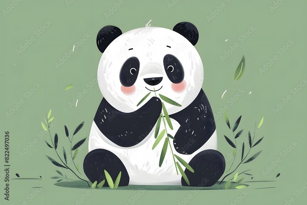 A cute, cartoon panda bear enjoying a meal of bamboo in a lush green environment. A cute, cartoon panda bear enjoying a meal of bamboo in a lush green environment.