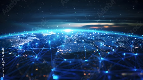 3D Illustration of Blue Glowing Data Lines and Global Network