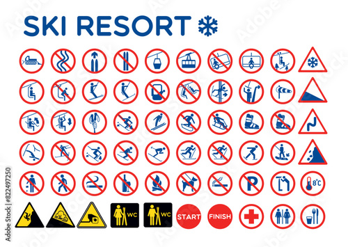 Collection of ski resort signs displayed against a blank white backdrop