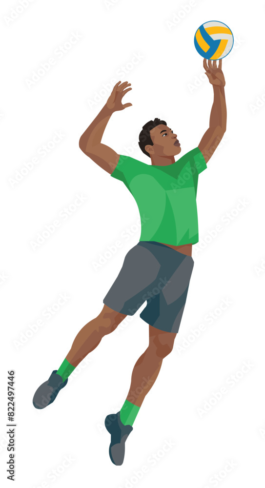 Black volleyball player in a green sports uniform jumps high and catches the ball with one hand Black volleyball player in a green sports uniform jumps high and catches the ball with one hand