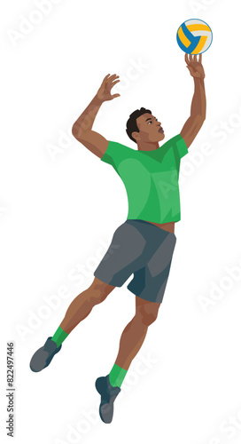 Black volleyball player in a green sports uniform jumps high and catches the ball with one hand