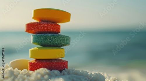 The tablets are stacked vertically on a sandy seashore. Natural biologically active supplement. The concept of combining recreation and health care. Design for advertising, marketing or presentation. photo
