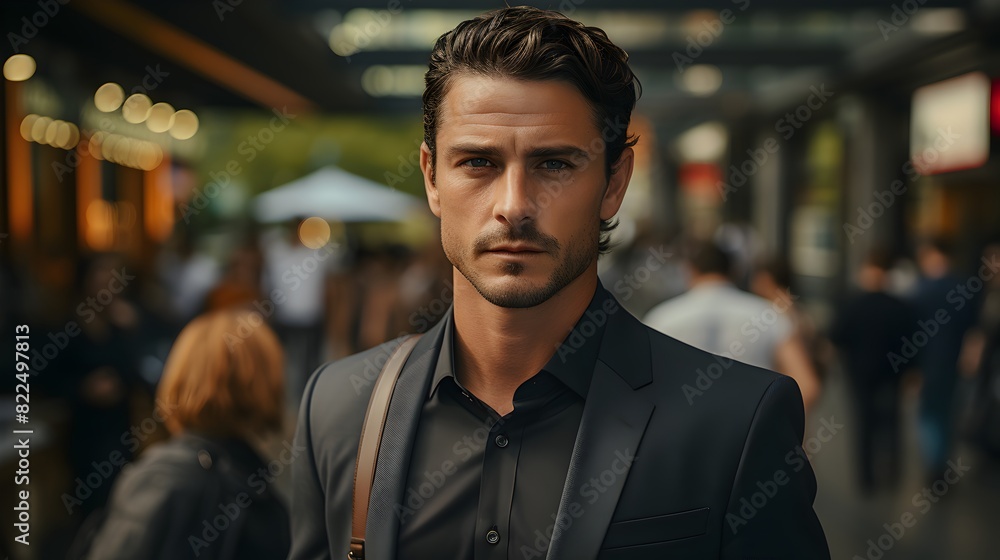 Confident businessman: sharp suit and confident expression in modern city setting Confident businessman: sharp suit and confident expression in modern city setting