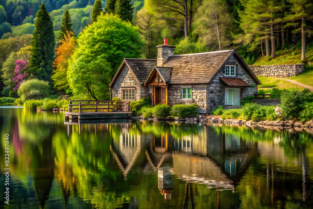 Obraz premium Idyllic Lakeside Cottage at Dusk