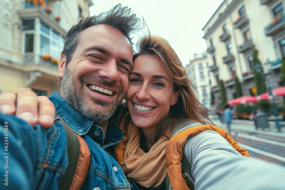 Couple enjoying city vacation takes selfie to capture happy moments in picturesque urban setting Couple enjoying city vacation takes selfie to capture happy moments in picturesque urban setting