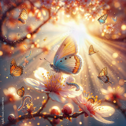 there is a butterfly that is sitting on a flower, harmony of butterfly, butterfly, flowers and butterflies, spring time, beautiful digital artwork, spring evening, butterflies and sunrays, aesthetic c © shumaila