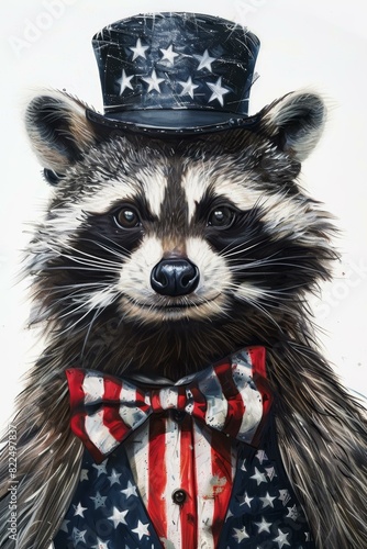  Patriotic raccoon in starry top hat and striped bow tie, quirky American holiday promotions and social media. photo