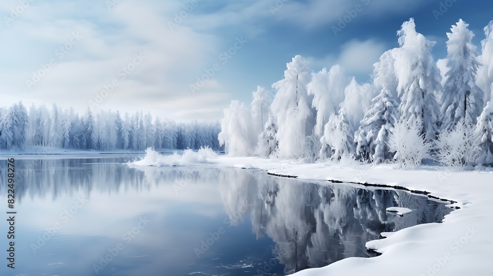 Serene winter landscape with snow-covered trees and a frozen lake under a clear sky