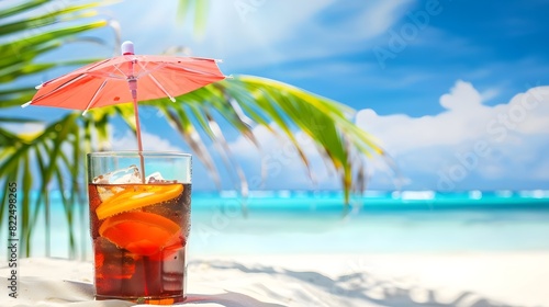 Cocktail with umbrella on white sandy beach with palm tree background.