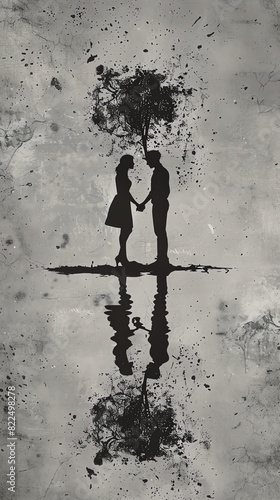 Silhouette of a couple holding hands  reflected in water  with a tree growing from their heads.