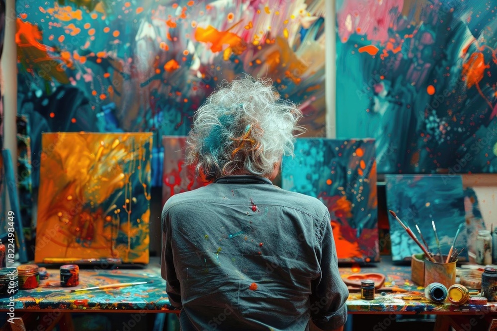 Back view of an artist painting vibrant abstract artwork in a cluttered studio filled with colorful, expressive canvases.