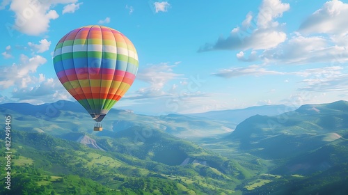 A colorful hot air balloon floating over a lush green valley on a clear day. 8k, realistic, full ultra HD, high resolution and cinematic photography © Rana