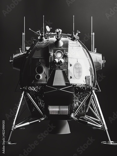 Black and white photo of the lunar module used in the Apollo 11 mission. photo