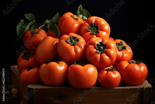 Stack of ripe, glossy tomatoes on a rustic wooden crate in a dark setting
