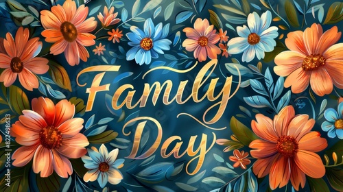 celebration calligraphy, the words family day are elegantly penned in calligraphy, surrounded by delicate daisy illustrations and warm colors
