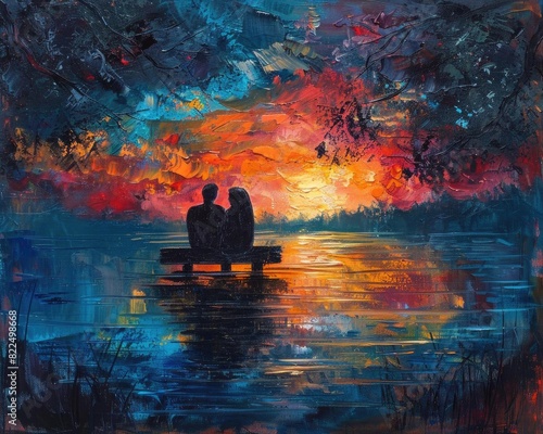 Colorful abstract painting of a couple sitting on a bench by a lake at sunset, surrounded by vibrant foliage.