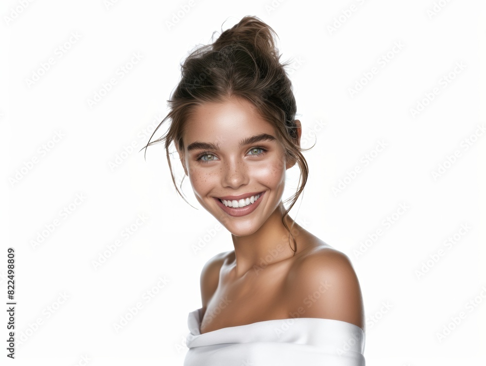 Young smiling brunette on a gray background. Feminine beauty. Young smiling brunette on a gray background. Feminine beauty.