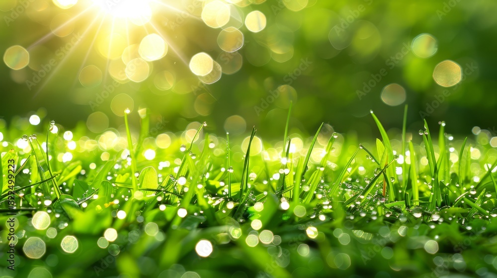  A close-up of a lush green grass field dotted with dewdrops, sun illuminating each one as it penetrates the blades