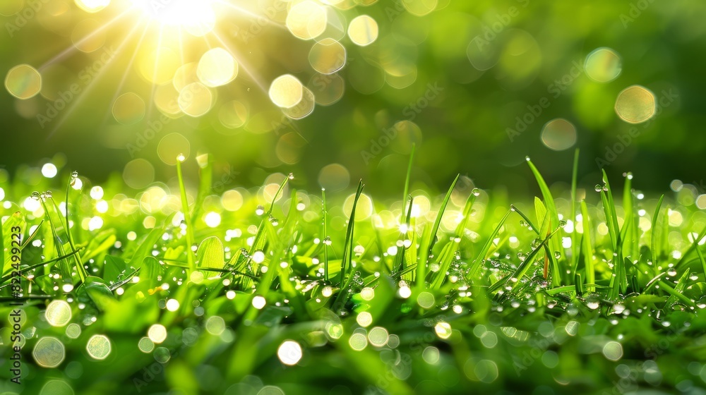 Obraz premium A close-up of a lush green grass field dotted with dewdrops, sun illuminating each one as it penetrates the blades