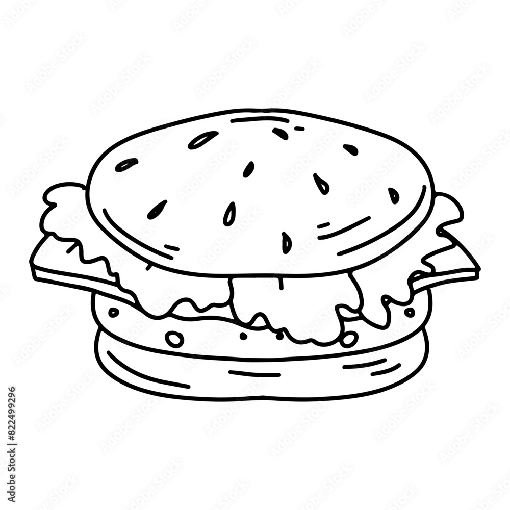 Tasty burger. Hand drawn doodle style. Vector illustration isolated on white. Coloring page. Tasty burger. Hand drawn doodle style. Vector illustration isolated on white. Coloring page.