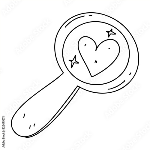 Magnifying glass with heart. Hand drawn doodle style. Vector illustration isolated on white. Coloring page.