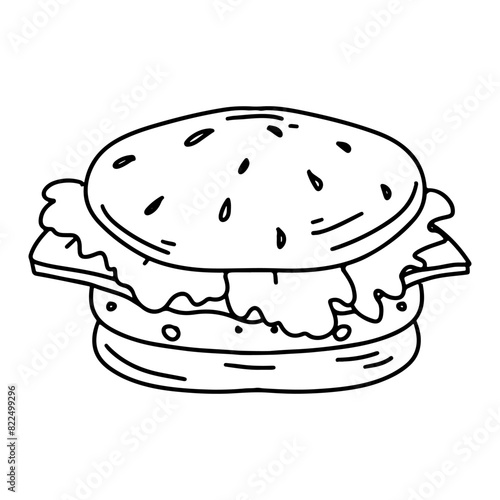 Tasty burger. Hand drawn doodle style. Vector illustration isolated on white. Coloring page.