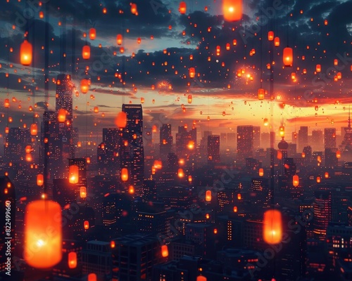 A stunning cityscape at dusk with illuminated lanterns floating in the sky, creating a magical, serene atmosphere above the urban skyline.