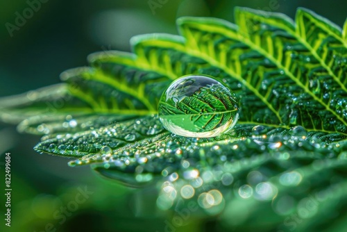 Close-up of a fresh green leaf with a crystal-clear water droplet, showcasing nature's beauty and intricate details in a serene environment. photo