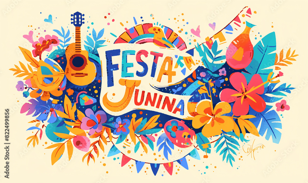 Fototapeta premium Guitar with floral and festive elements. Digital artwork for Festa Junina celebration