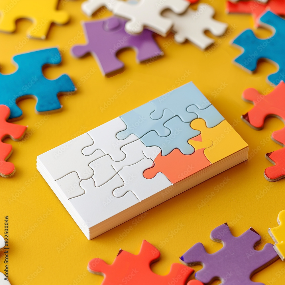 Fototapeta premium Fun concept: puzzle piece-shaped blank business card mockup on a jigsaw puzzle.