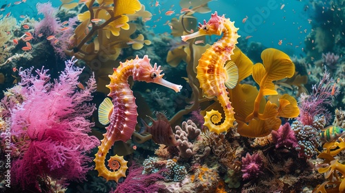 The underwater scene features two seahorses and beautiful coral reefs