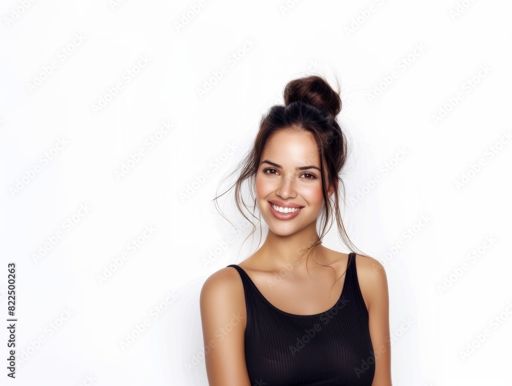 Young slim multiracial brunette woman on white background smiling. Active lifestyle, beauty and health. Young slim multiracial brunette woman on white background smiling. Active lifestyle, beauty and health.
