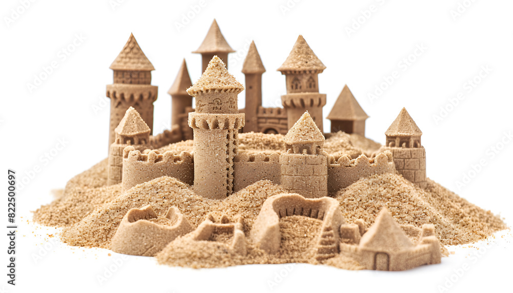 Pile of sand with beautiful castles isolated on white Pile of sand with beautiful castles isolated on white