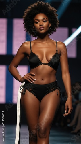 Black woman on a catwalk presenting trendy lingerie clothes