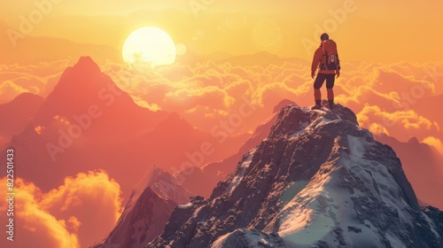 Mountain climber standing on top of mountain peak in front of sunset sun