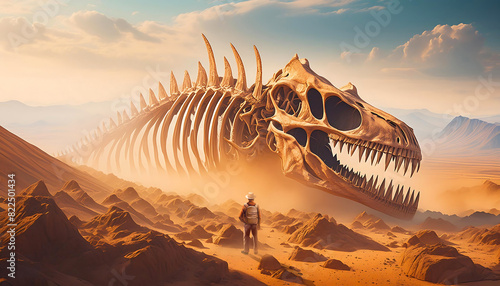 Digital illustration of an paleontologist discovering a giant, dragon-like fossil, adventure themes, educational content, fantasy storytelling, and wonder and exploration