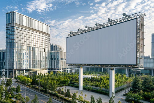 Oversized blank billboard with a view of architectural office structures in a corporate setting.