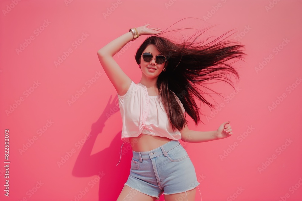 Young attractive asian woman dancing on pink solid background Young attractive asian woman dancing on pink solid background