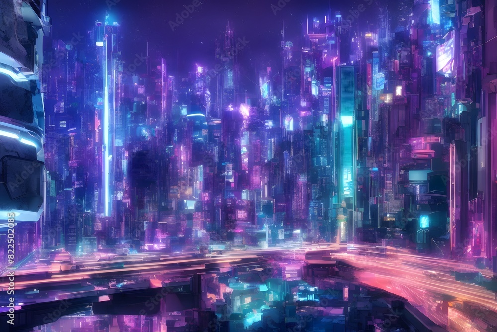 Obraz premium In a neon-soaked cyberpunk city in the sky, futuristic buildings reach towards the heavens amidst glowing neon signs and flashing holographic advertisements. Generative AI
