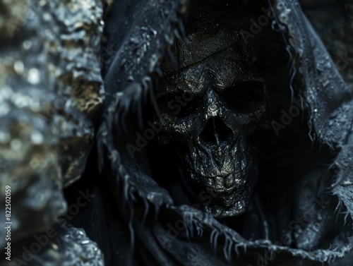 Close-up of Grim Reaper Skull in Hood 