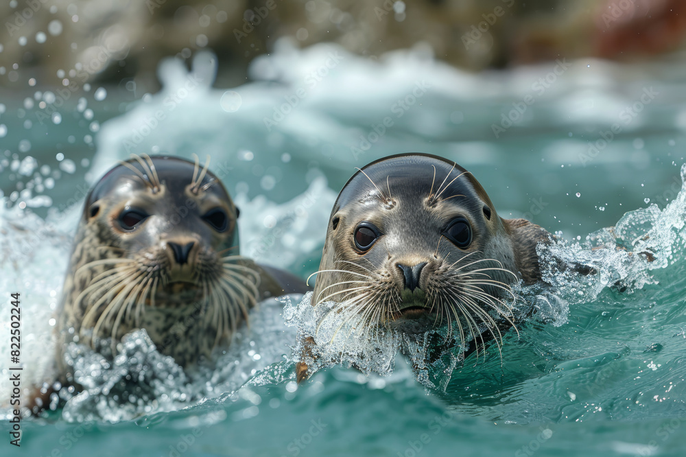 Seals swimming playfully in the ocean near a rocky beach, splashing water as they interact, showcasing vibrant marine wildlife behavior.. AI generated.