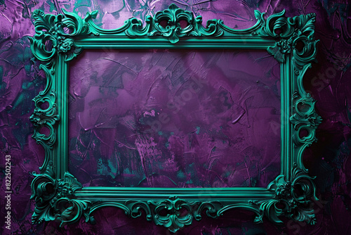 Wide setting featuring a large emerald green ornate frame on purple grunge wallpaper. photo